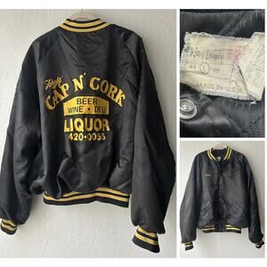 Vtg King Louie Satin Bomber Jacket Large Cap N Cork Liquor 420 Grandpa Thrashed